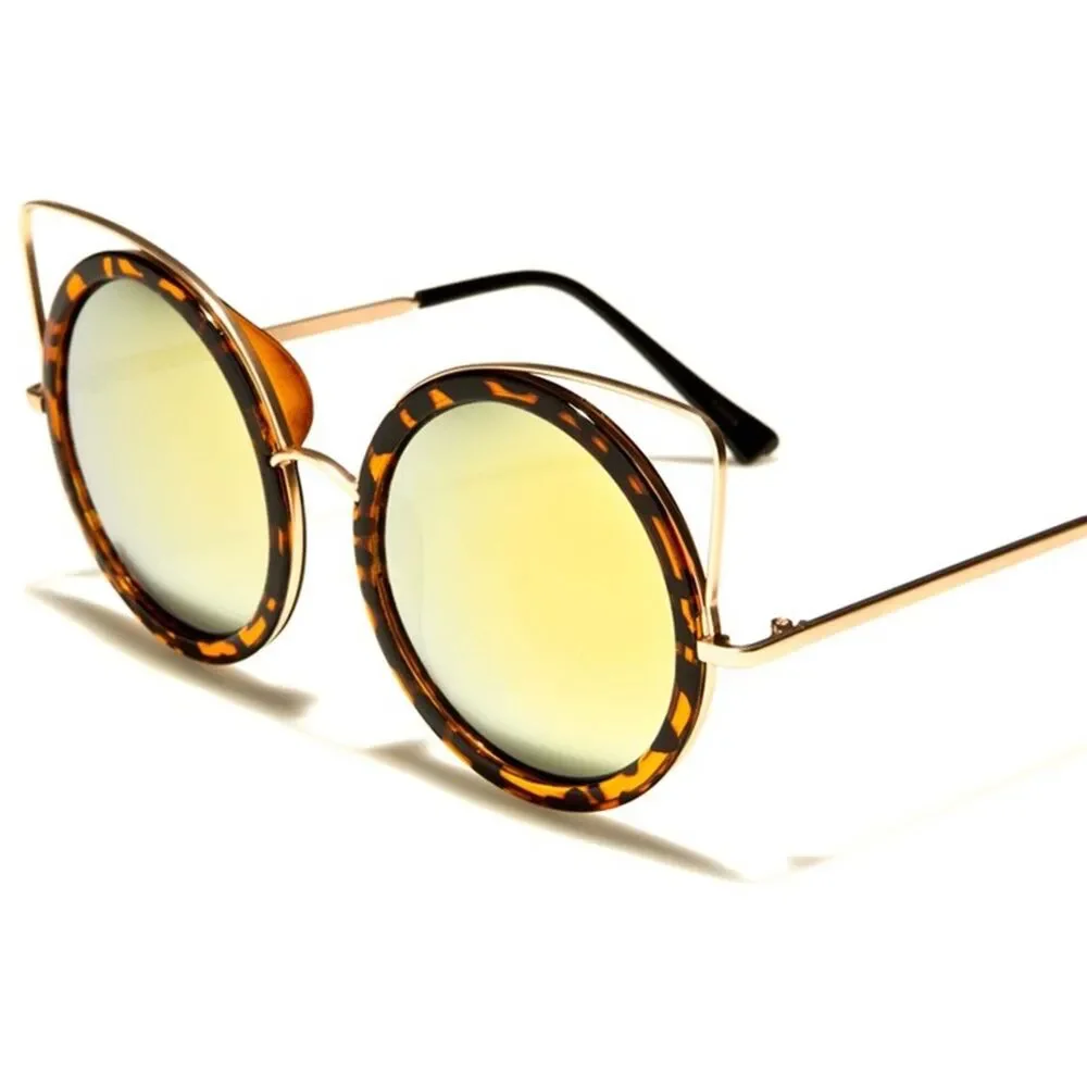 Classic Stylish Elegant Womens Mirrored Lens Tortoise Round Cat Eye Sunglasses